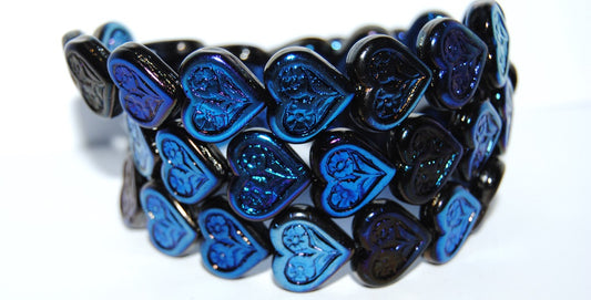 Heart With Flower Pressed Glass Beads, Black 29900 2Xside (23980 29900 2Xside), Glass, Czech Republic