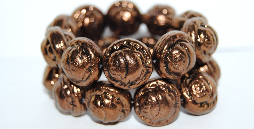 Round With Rose Flower Pressed Glass Beads, Black Bronze (23980 14415), Glass, Czech Republic