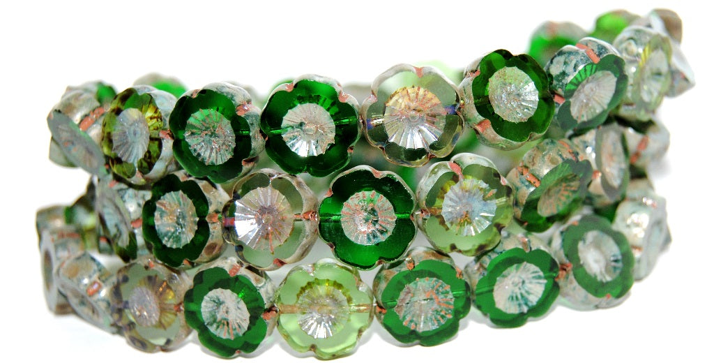 Table Cut Round Beads Hawaii Flowers, Mixed Colors Green 4 43400 (Mix Green 4 43400), Glass, Czech Republic