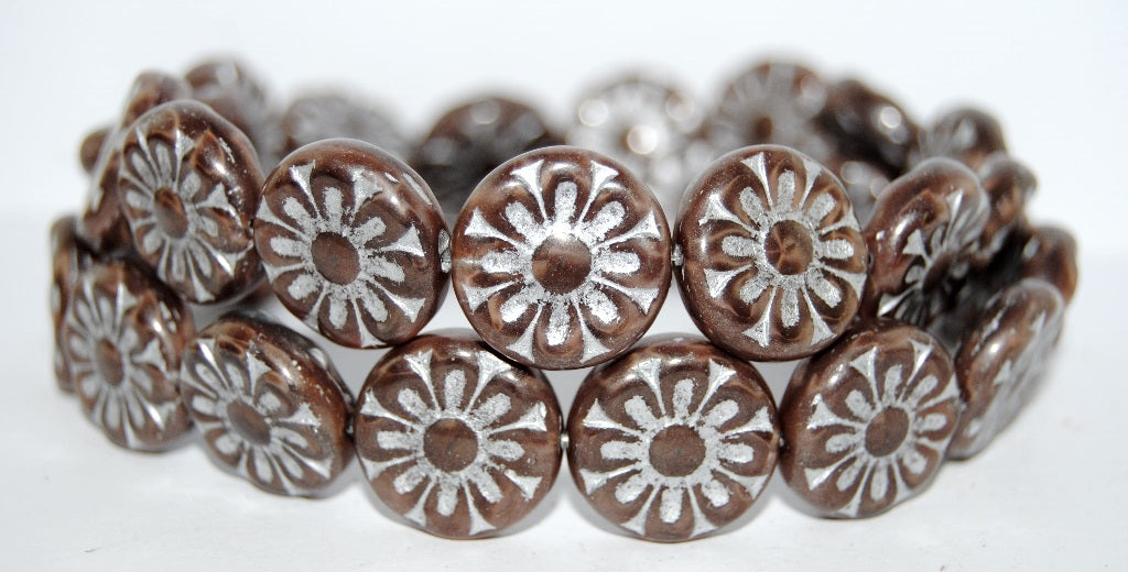 Flat Round With Flower Pressed Glass Beads, (17602 54201), Glass, Czech Republic