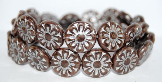 Flat Round With Flower Pressed Glass Beads, (17602 54201), Glass, Czech Republic
