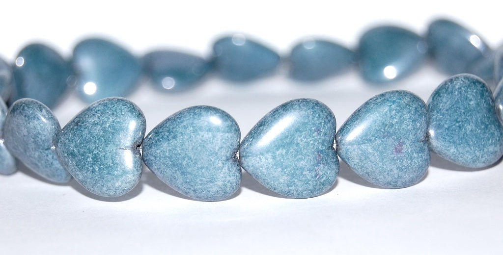 Heart Pressed Glass Beads, Luster Blue Full Coated (14464), Glass, Czech Republic