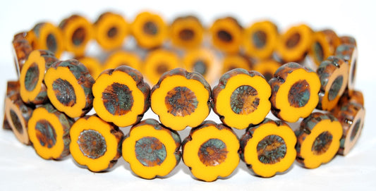 Table Cut Round Beads Hawaii Flowers, Deep Orange  Travertin (93140 86800), Glass, Czech Republic