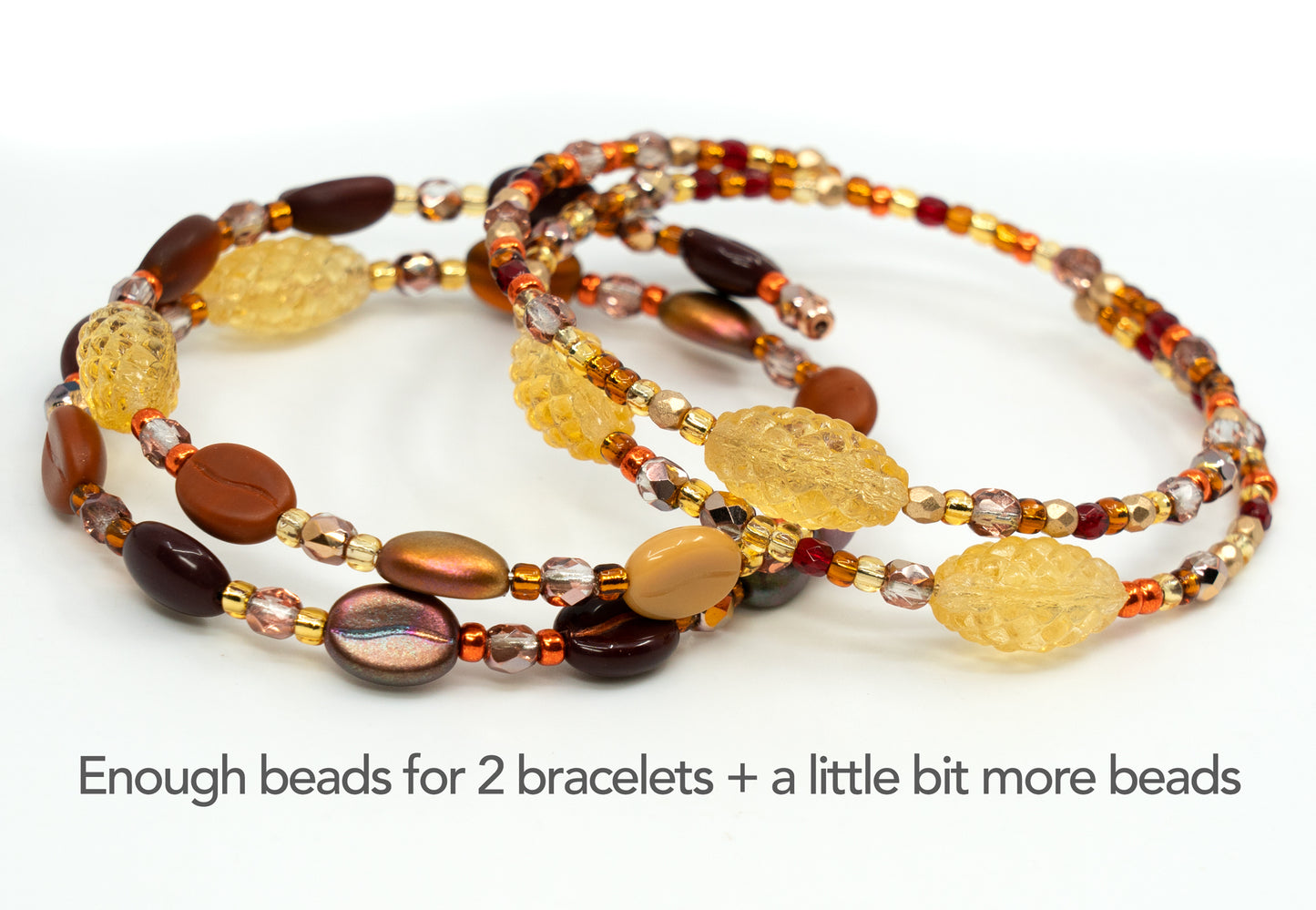 Bracelet making kit with Czech Glass Beads, 2pc Memory wire and crimps for beginners - easy & fast to do (Brown Coffee)