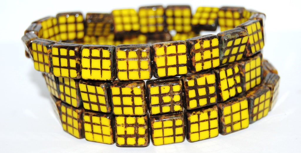 Table Cut Square Beads With Grid, Yellow Travertin (83120 86800), Glass, Czech Republic