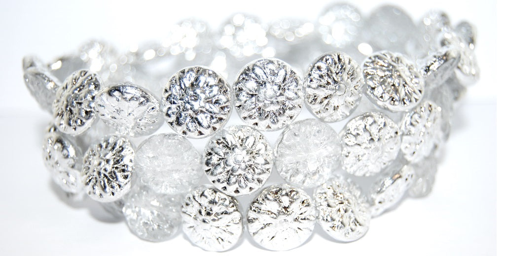 Round Flower Edelweiss Pressed Glass Beads, Crystal Crystal Silver Half Coating (30 27001), Glass, Czech Republic