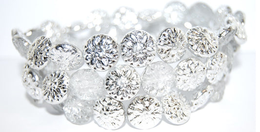 Round Flower Edelweiss Pressed Glass Beads, Crystal Crystal Silver Half Coating (30 27001), Glass, Czech Republic