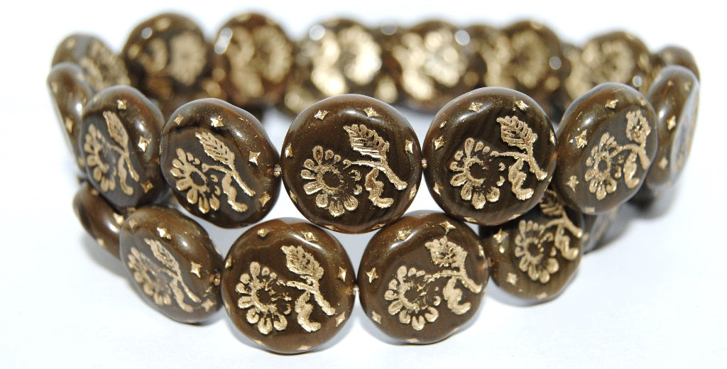 Round Flat With Flower Marguerite Pressed Glass Beads, (16617 54202), Glass, Czech Republic