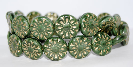 Flat Round With Flower Pressed Glass Beads, (56100 54202), Glass, Czech Republic