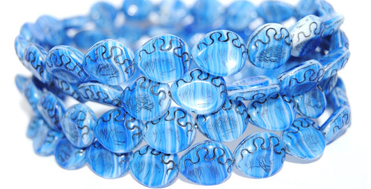 Tear Oval Pressed Glass Beads, Opaque White Blue Striped 23202 (35000 23202), Glass, Czech Republic