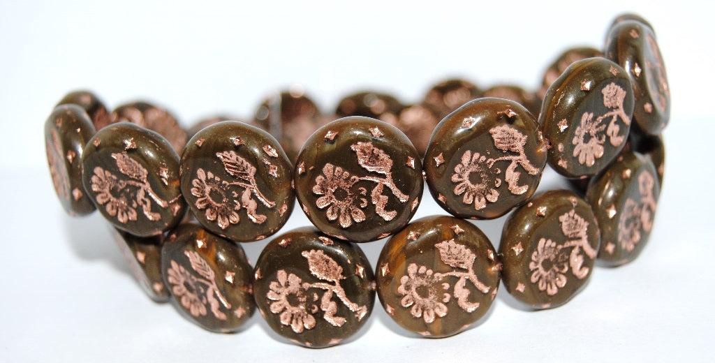 Round Flat With Flower Marguerite Pressed Glass Beads, (16617 54200), Glass, Czech Republic