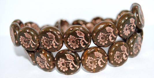 Round Flat With Flower Marguerite Pressed Glass Beads, (16617 54200), Glass, Czech Republic