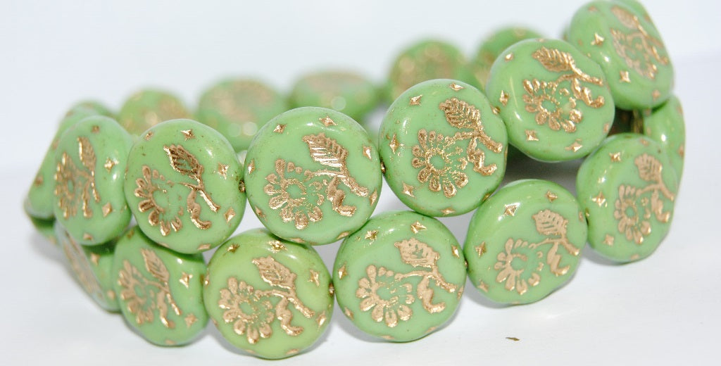 Round Flat With Flower Marguerite Pressed Glass Beads, Opaque Green 54202 (54000 54202), Glass, Czech Republic
