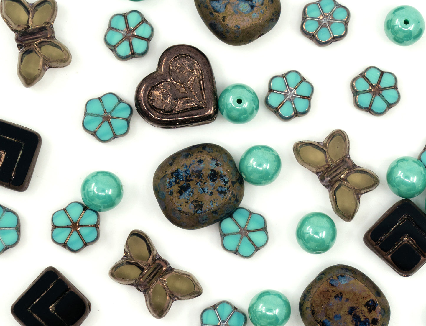 Focal Glass Bead Mix with Table-Cut Flower and Butterfly Beads, PG Turqouise Brown Brass