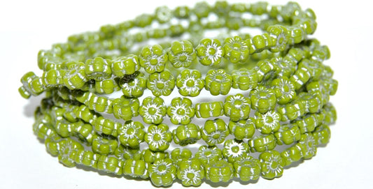 Hawaii Flower Pressed Glass Beads, Opaque Green 54201 (53400 54201), Glass, Czech Republic