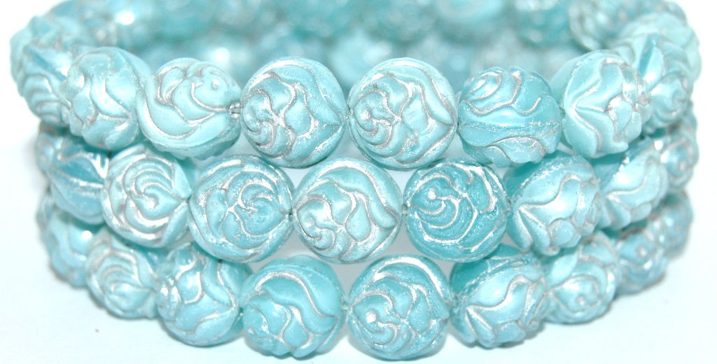 Round Rose Pressed Glass Beads, Opal Aqua 54201 (61300 54201), Glass, Czech Republic