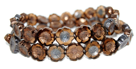 Table Cut Round Beads Hawaii Flowers, Transparent Brown 144415 (10220 144415), Glass, Czech Republic