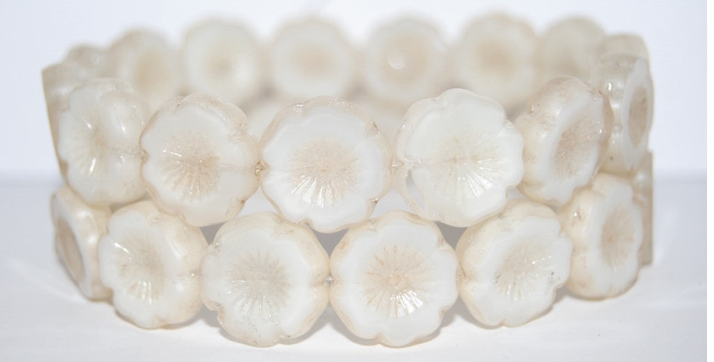 Table Cut Round Beads Hawaii Flowers, Sssss Luster Cream (Sssss 14401), Glass, Czech Republic