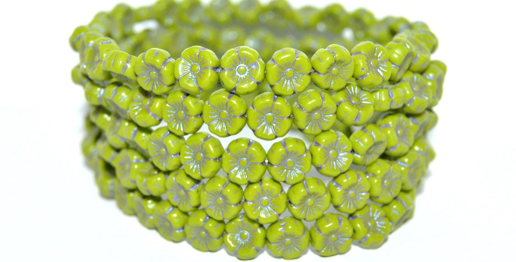 Hawaii Flower Pressed Glass Beads, Opaque Green 43809 (53400 43809), Glass, Czech Republic