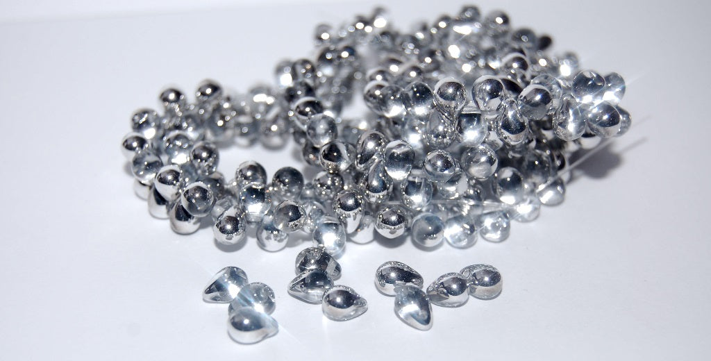 Pear Drop Pressed Glass Beads, Crystal Crystal Silver Half Coating (30 27001), Glass, Czech Republic