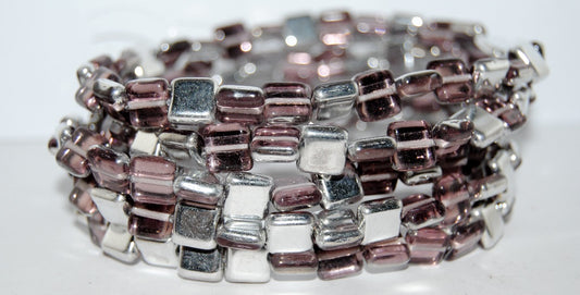 Flat Square Pressed Glass Beads, Transparent Light Amethyst Crystal Silver Half Coating (20020 27001), Glass, Czech Republic