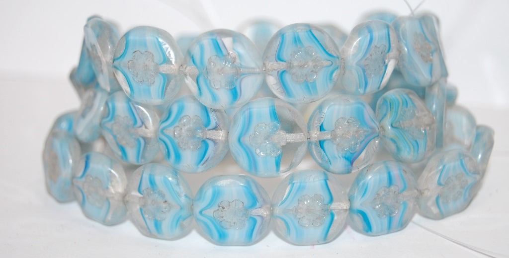 Table Cut Round Beads With Flower, Light Blue White Delay Luster Cream (65016 14401), Glass, Czech Republic