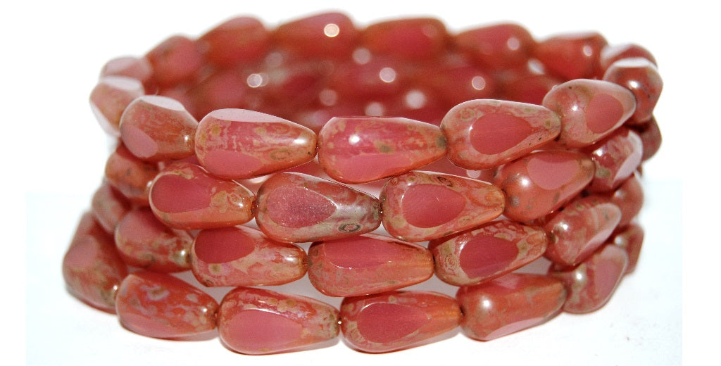 Cut Fire Polished Faceted Drop Pear Glass Beads, Opal Pink 43400 (71010 43400), Glass, Czech Republic