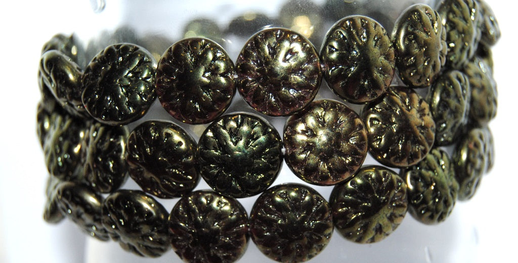 Round Flower Edelweiss Pressed Glass Beads, Black Luster Red Full Coated (23980 14495), Glass, Czech Republic