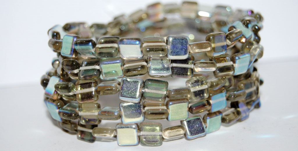 Flat Square Pressed Glass Beads, Gray Ab (40010 Ab), Glass, Czech Republic
