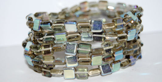 Flat Square Pressed Glass Beads, Gray Ab (40010 Ab), Glass, Czech Republic