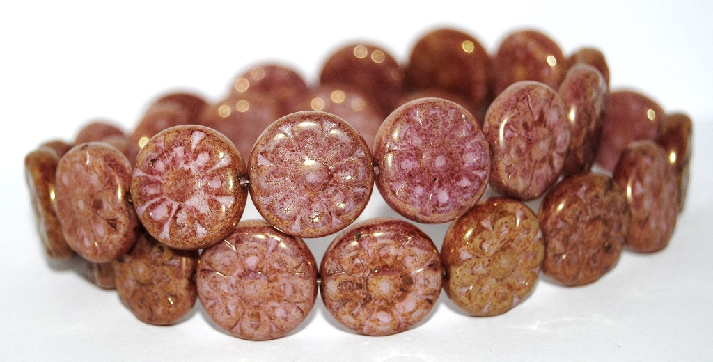 Flat Round With Flower Pressed Glass Beads, Luster Red Full Coated (14 ...