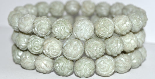 Round Rose Pressed Glass Beads, Luster Green Full Coated Antiq (14457 Antiq), Glass, Czech Republic