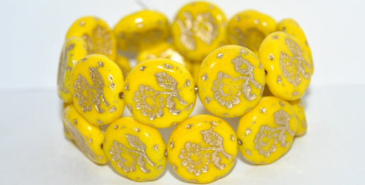 Round Flat With Flower Marguerite Pressed Glass Beads, Yellow 54202 (83120 54202), Glass, Czech Republic