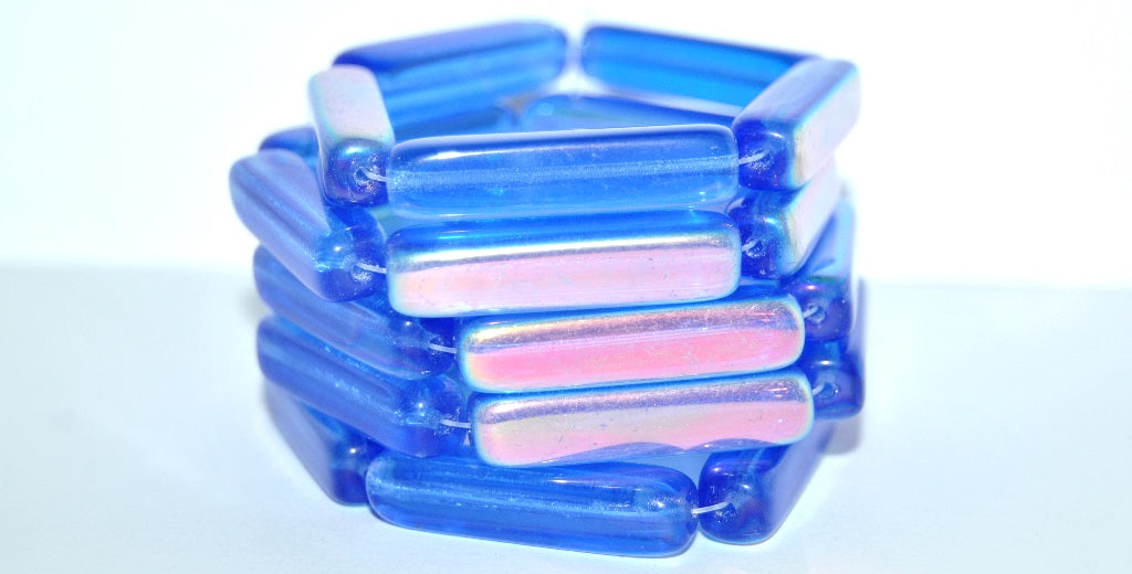 Czech Glass Pressed Beads Rectangle, Transparent Blue Ab (30060 Ab), Glass, Czech Republic