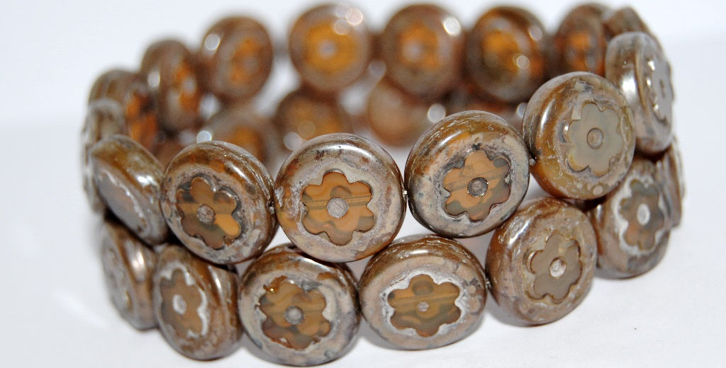 Table Cut Round Beads With Flower, (14010 43500), Glass, Czech Republic