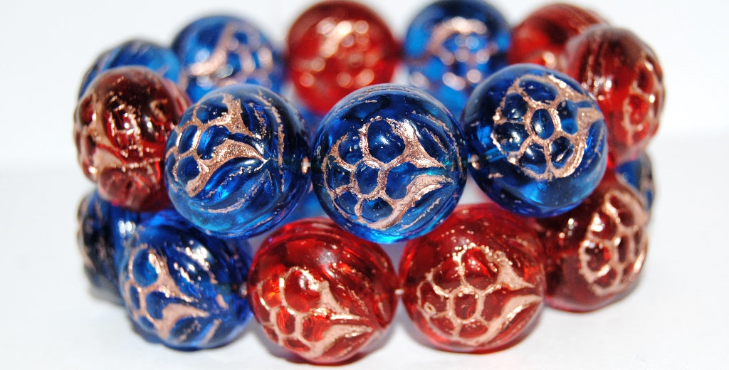 Round With Flower Pressed Glass Beads, Mixed Colors Silver Lined Crystal 54200 (Mix 1 54200), Glass, Czech Republic