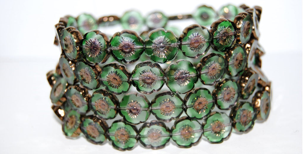 Table Cut Round Beads Hawaii Flowers, 5050130 Bronze (5050130 14415), Glass, Czech Republic