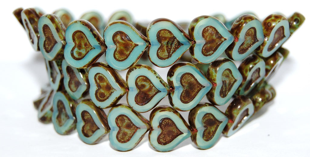 Table Cut Heart Beads With Heart, Opal Aqua Travertin (61100 86800), Glass, Czech Republic