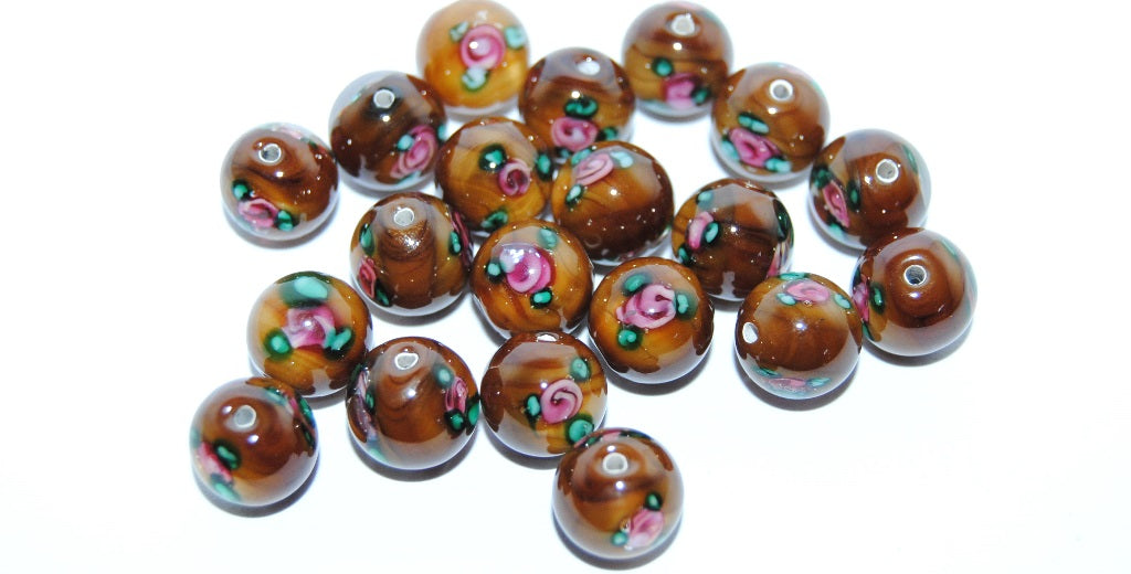 Czech Glass Hand Made Round Lampwork Beads With Flower, (10 K), Glass, Czech Republic