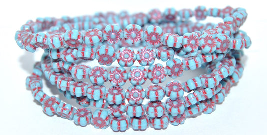 Hawaii Flower Pressed Glass Beads, Turquoise Blue 43808 Metalic (63030 43808 Metalic), Glass, Czech Republic