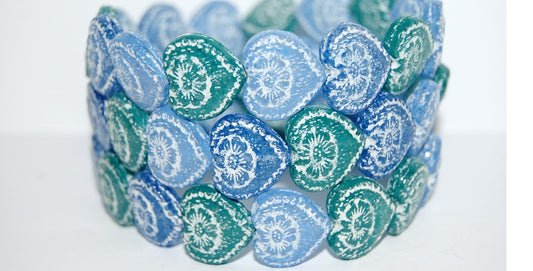 Heart With Flower Pressed Glass Beads, Lava Glass Mixed Colors Blue (Lava Glass Mix Blue), Glass, Czech Republic