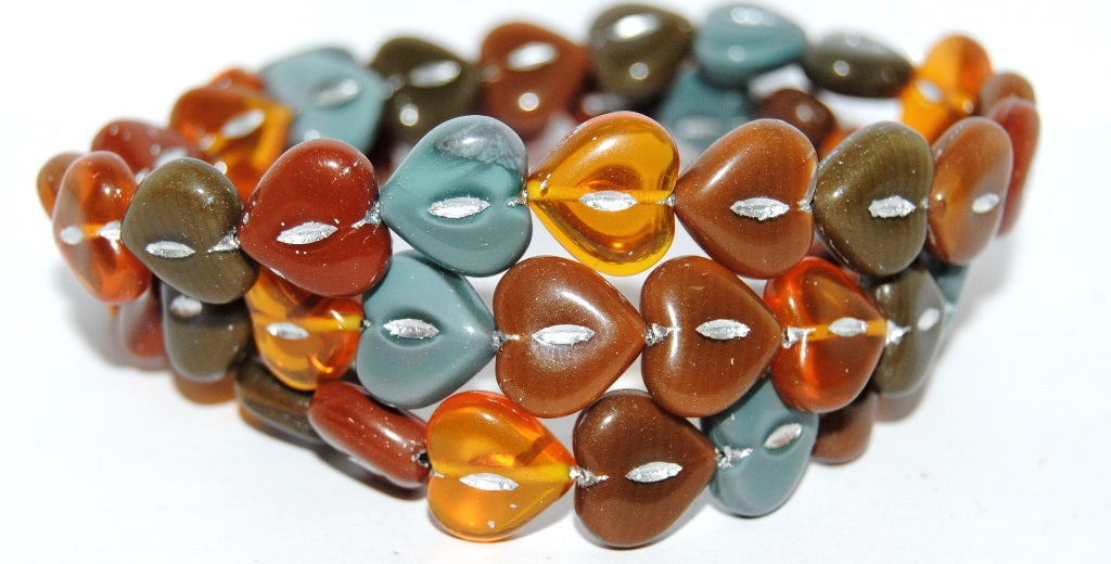 Heart Pressed Glass Beads, Mixed Colors Brown Silver Lined Crystal 54201 (Mix Brown 1 54201), Glass, Czech Republic
