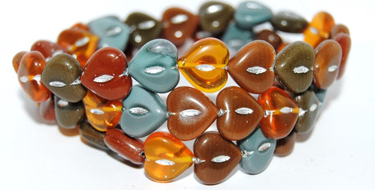 Heart Pressed Glass Beads, Mixed Colors Brown Silver Lined Crystal 54201 (Mix Brown 1 54201), Glass, Czech Republic