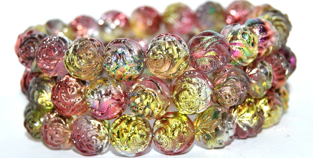 Round Rose Pressed Glass Beads, Crystal 95600 (30 95600), Glass, Czech Republic