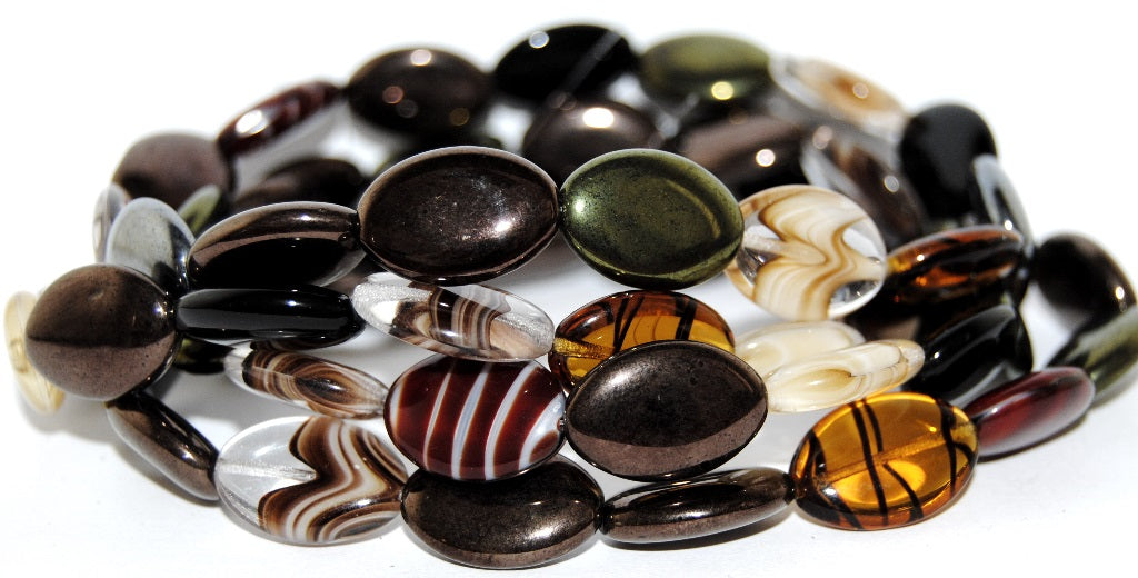Oval Pressed Glass Beads, Brown Mixed Colors (Brown Mix), Glass, Czech Republic
