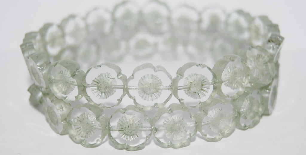 Table Cut Round Beads Hawaii Flowers, Crystal Luster Green Full Coated (30 14457), Glass, Czech Republic