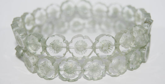 Table Cut Round Beads Hawaii Flowers, Crystal Luster Green Full Coated (30 14457), Glass, Czech Republic