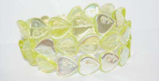 Heart Pressed Glass Beads With Flower, Transparent Yellow Ab (80120 Ab), Glass, Czech Republic