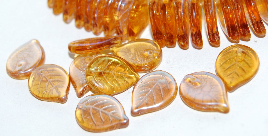 Leaf Pressed Glass Beads, Transparent Orange Ab (10030 Ab), Glass, Czech Republic