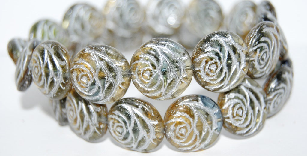 Round Flat Rose Flower Pressed Glass Beads, (47401C 54201), Glass, Czech Republic